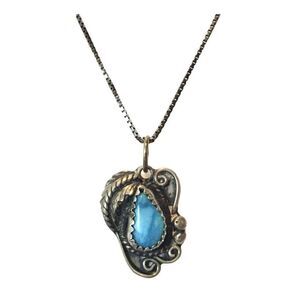 Vintage Turquoise Pendant Sterling Silver Necklace 925 18.5" Box Chain Feather